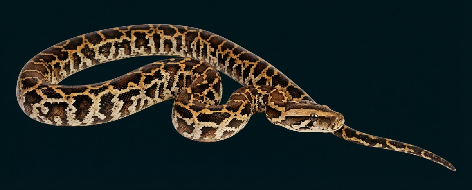 Gemusterte Schlange (braun-beige) auf weißem Hintergrund, zusammengerollt